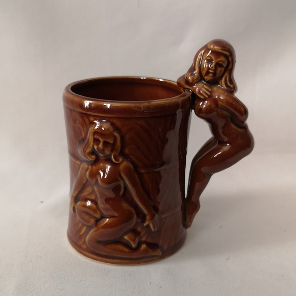 Vintage Ceramic Risque Mug w Handle and Design on One Side, Brown Glaze Japan - Picture 1 of 5
